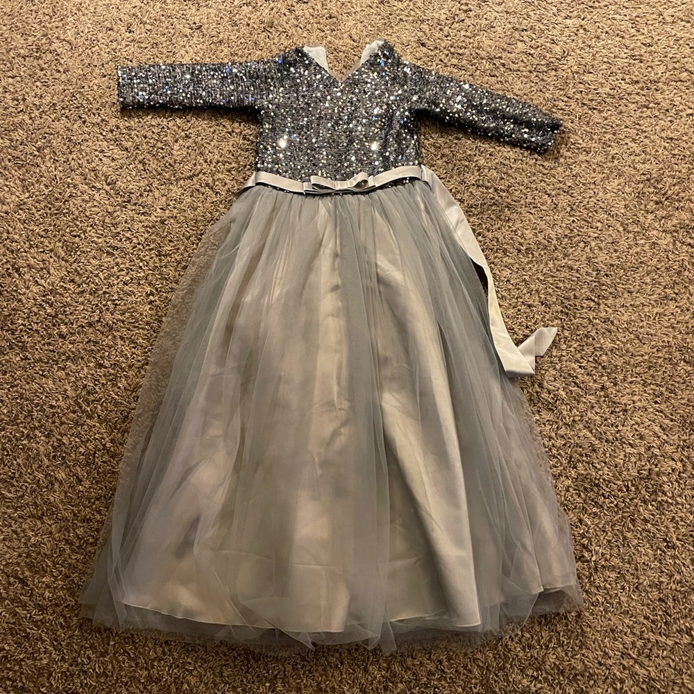 Silver floor-length sequin and tulle dress with sash